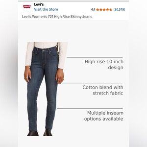 Levi's 721 High Rise Skinny- “Blue Story” Women’s Jeans -size 8 long/ W29 x L32